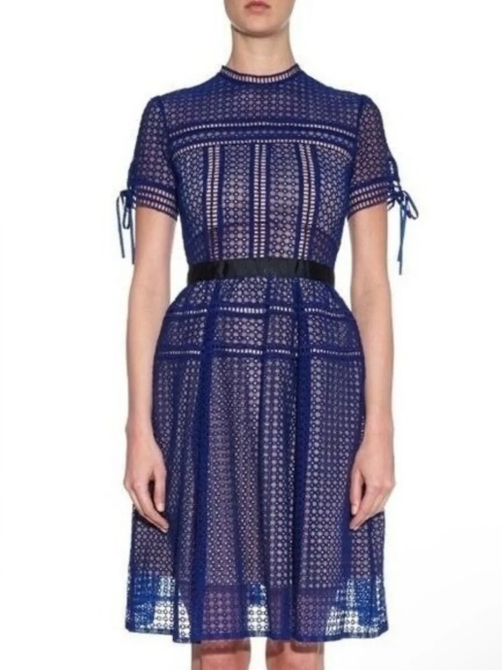 SELF-PORTRAIT Aurelia Navy Rayon Lace Panelled Fit & Flare Cap-Sleeves NWOT $795 - Picture 2 of 7